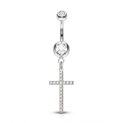 Barra curva - Banana de umbigo em aço cirúrgico com cruz de cristais - NSJ025