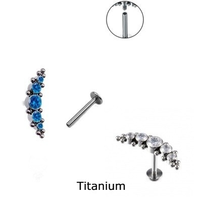 Joia -labret de Titanio para orelha com 5 cristais agrupados em curva TB-060