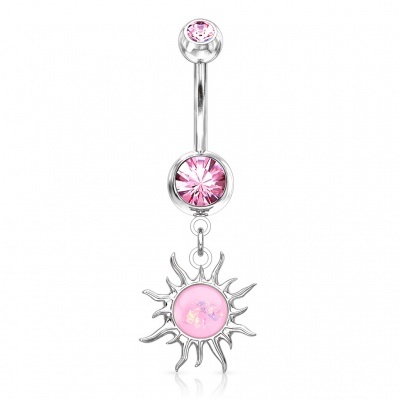 Jóia de aço cirurgico para umbigo com 2 cristais e sol pendente com opala glitter no centro NSQ-5061