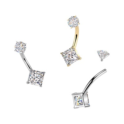 Piercing de umbigo em aço 316L com cravação interna em garras e diamante em zircônia cúbica na parte superior NSI29