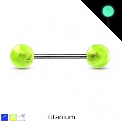 Joía de Titânio, barra barbell para língua com bolas de acrílico T23BG Brilha no escuro
