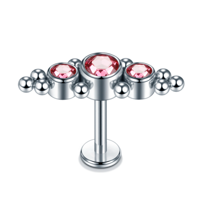 Joia labret de aço cirurgico com formação de 3 zirconias e microbolinhas rosca interna AC0349