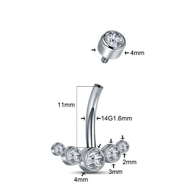 Joia de piercing em aço cirurgico para umbigo com formação em curva de 5 cristais A0220