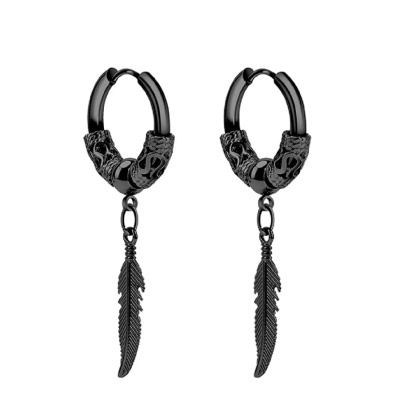 Par de argolas tribal em aço inoxidável com bola e cone/ pena pendente EH049