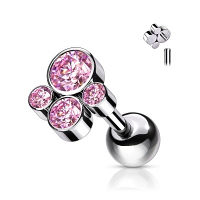 Jóia de Titânio G23, barra com rosca interna, com bola e conjunto de 4 zirconias biseladas TIJ10