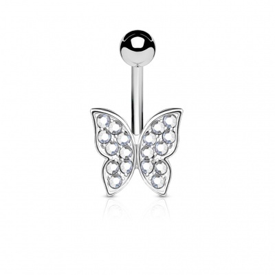 Barra de aço cirurgico 316L para umbigo com borboleta e cristais NSQ-5013