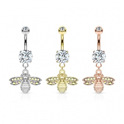 Jóia de aço cirurgico para umbigo com cristal e abelha pendente com micro cristais a.boreal nas asas N20332
