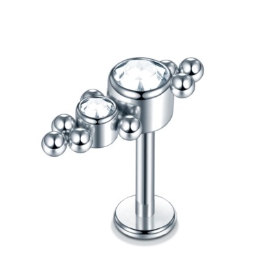 Joia labret de Aço com topo 2 zirconias e microbolas S1802