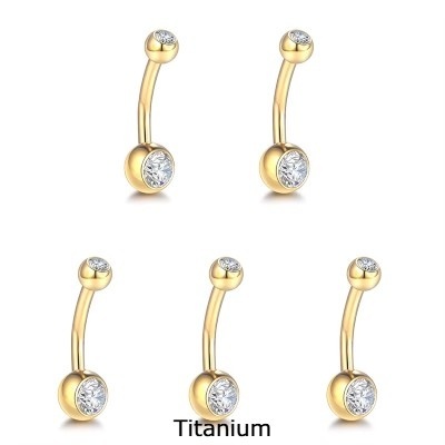 Joia umbigo Titanio dourado com 2 zirconias TN005 mini