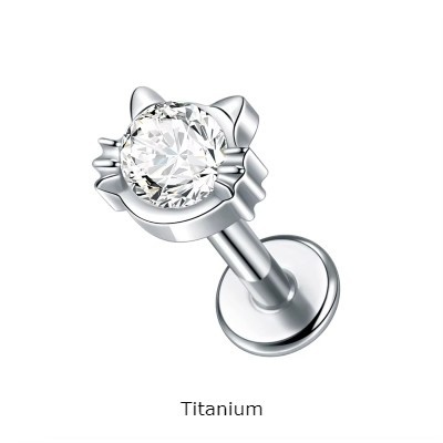 Joia labret de Titanio com cabeça de gato e zirconia TC322