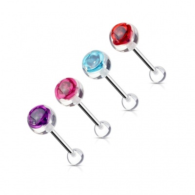 Barra para piercing de lingua em aço cirurgico com rosa metal em bola de transparente BAD-1101