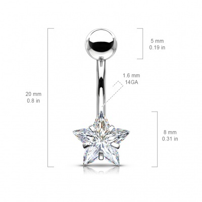 Piercing de aço 316L com estrela cristal, para umbigo NS11