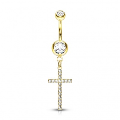 Barra curva - Banana de umbigo em aço cirúrgico com cruz de cristais - NSJ025