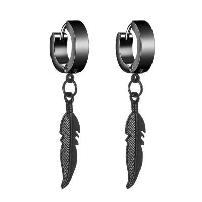 Par de argolas largas tribal em aço inoxidável com pena pendente EH118