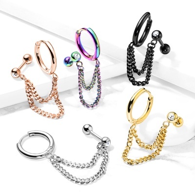 Joia barra com cristal e argola  de  aço cirúrgico  ligados por corrente dupla - JC-021