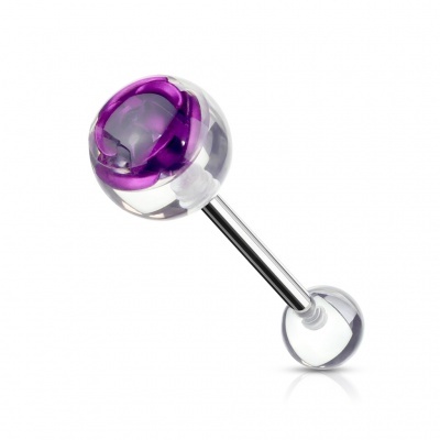 Barra para piercing de lingua em aço cirurgico com rosa metal em bola de transparente BAD-1101