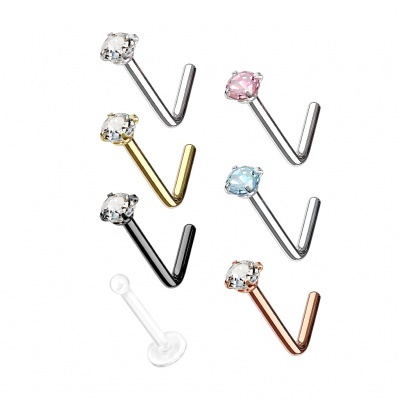 Pack 7 body piercings em L - NARIZ - aço cirúrgico com cristal colorido VG-NOL-02