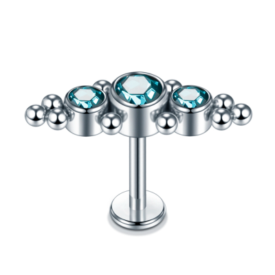 Joia labret de aço cirurgico com formação de 3 zirconias e microbolinhas rosca interna AC0349