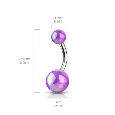 Barra curva em aço cirúrgico  para piercing de umbigo com bolas cor holográfica NS86