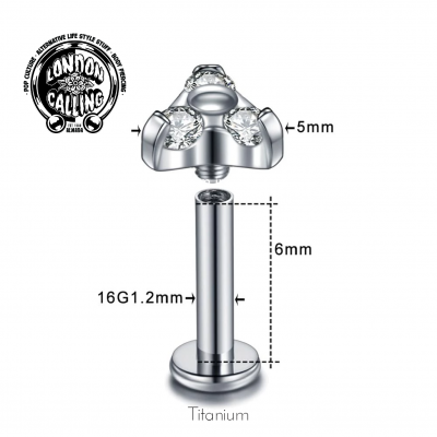 Jóia (labret) de Titânio G23 com flor de 3 pétalas de zircónias TL100 Jóia (labret) de Titânio G23 com flor de 3 pétalas de zircónias TL100