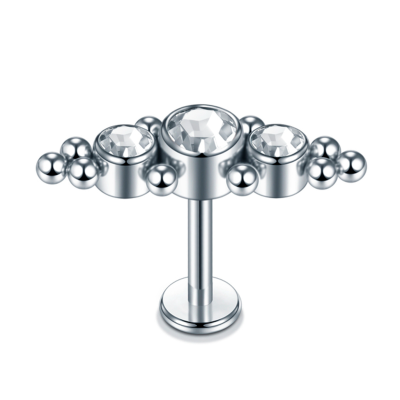 Joia labret de aço cirurgico com formação de 3 zirconias e microbolinhas rosca interna AC0349