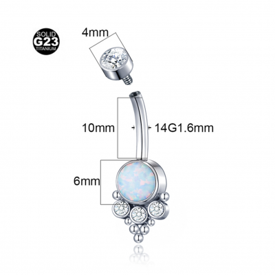 Jóia para umbigo de Titanio G23 zircónia no topo e botão de opala com 3 mini zirconias TN009 Jóia para umbigo de Titanio G23 zircónia no topo e botão de opala com 3 mini zirconias TN009