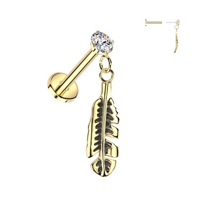 Labret de encaixe por pressão em aço316L com base plana, zircônia cúbica cravejada e pingente de pena ILC29