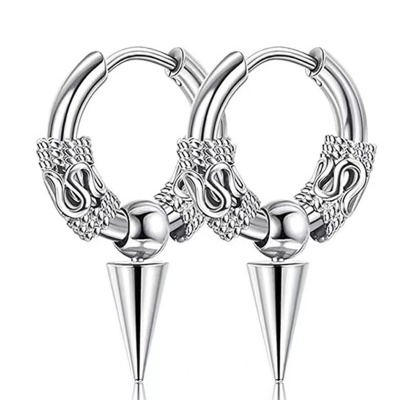 Par de argolas tribal em aço inoxidável com bola e cone/ pena pendente EH049