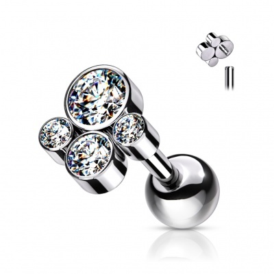 Jóia de Titânio G23, barra com rosca interna, com bola e conjunto de 4 zirconias biseladas TIJ10