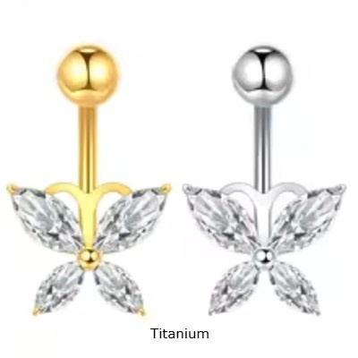 Joia de titanio  para umbigo com borboleta em zircónia e bola no topo TN052