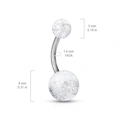 Barra curva para piercing de umbigo, em aço cirurgico com bola acrilico glitter -  NL2