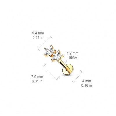 Jóia - Barra labret de  aço cirúrgico com 2 estrelas zirconia - LI41  cartilagem