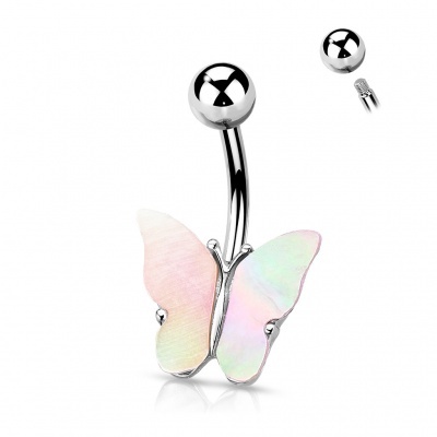 Piercing barbell em aço 316L umbigo com borboleta madre pérola NSQ-5069