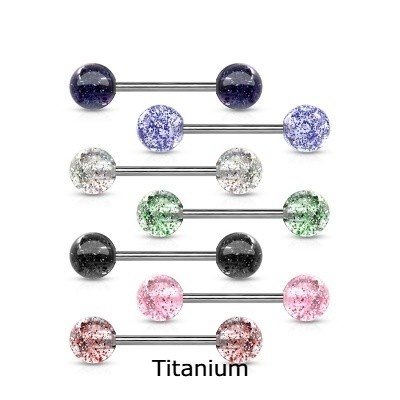 Joia barra de Titanio para piercing de lingua com bolas de acrilico purpurina T23BL2