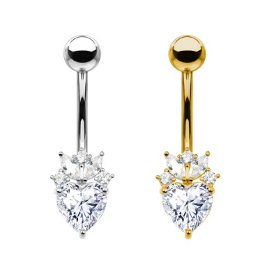 Joia de aço cirurgico para umbigo com formação coração e coroa em cristal PD-169