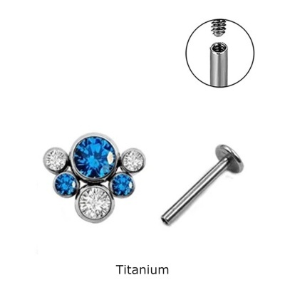 Joia labret de Titanio com formação de 6 zirconias azuis e brancas TL-990