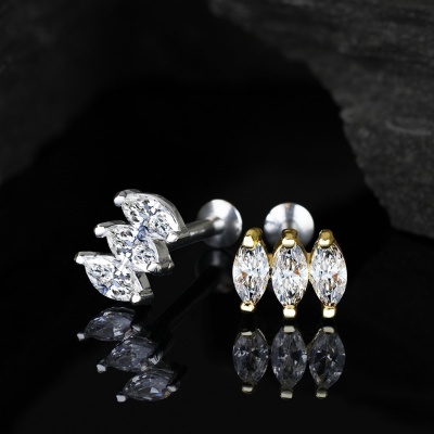 Labret de cartilagem em aço cirúrgico 316l com 3 cristais  - LIQ15 rosca interna