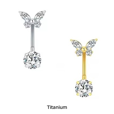 Joia de Titânio para umbigo com  borboleta de zircónias no topo e zirconia redonda inferior TN070- FC600