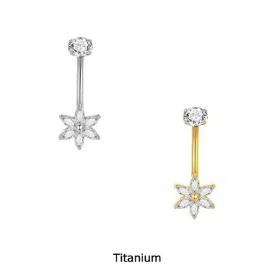 Joia de Titânio para umbigo com zirconia no topo e flor com pétalas de zircónia TN027