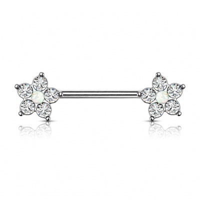 Barra de mamilo em aço cirúrgico com flor de cristais  - K11103