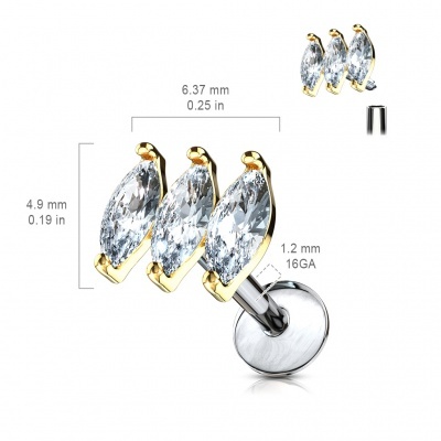 Labret de cartilagem em aço cirúrgico 316l com 3 cristais  - LIQ15 rosca interna