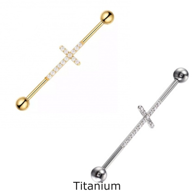 Joia de Titanio para piercing transversal com cruz cravejada de mini cristais TB-0603
