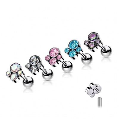 Jóia de Titânio G23, barra com rosca interna, com bola e conjunto de 4 zirconias biseladas TIJ10