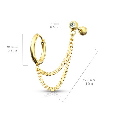 Joia barra com cristal e argola  de  aço cirúrgico  ligados por corrente dupla - JC-021