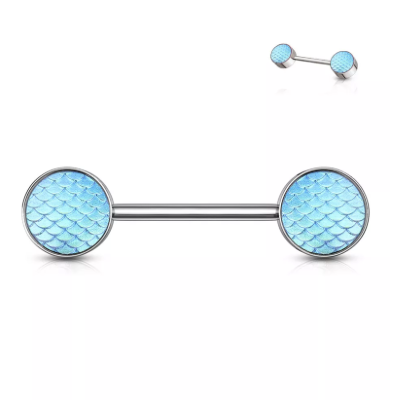 Barra de mamilo em aço cirurgico com bolas escama holografico KB074
