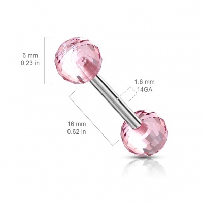 Barra de lingua em aço cirúrgico 316L com bolas em acrilico tipo bola de espelhos BAQ-1324