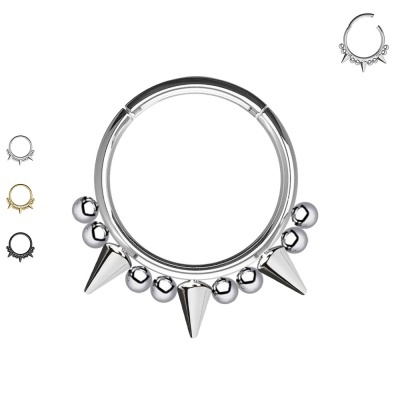 Argola de aço cirurgico para septo, cartilagem, com fecho click, spikes e bolinhas PY-099