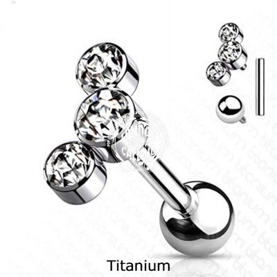 Jóia -barra com bola em Titanio com 3 cristais forma redonda TIJ06