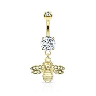 Jóia de aço cirurgico para umbigo com cristal e abelha pendente com micro cristais a.boreal nas asas N20332