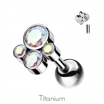 Jóia de Titânio G23, barra com rosca interna, com bola e conjunto de 4 zirconias biseladas TIJ10